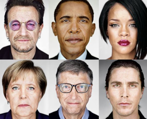 Close-up portraits of famous people: Bono, Barack Obama, Rihanna, Angela Merkel, Bill Gates and Christian Bale