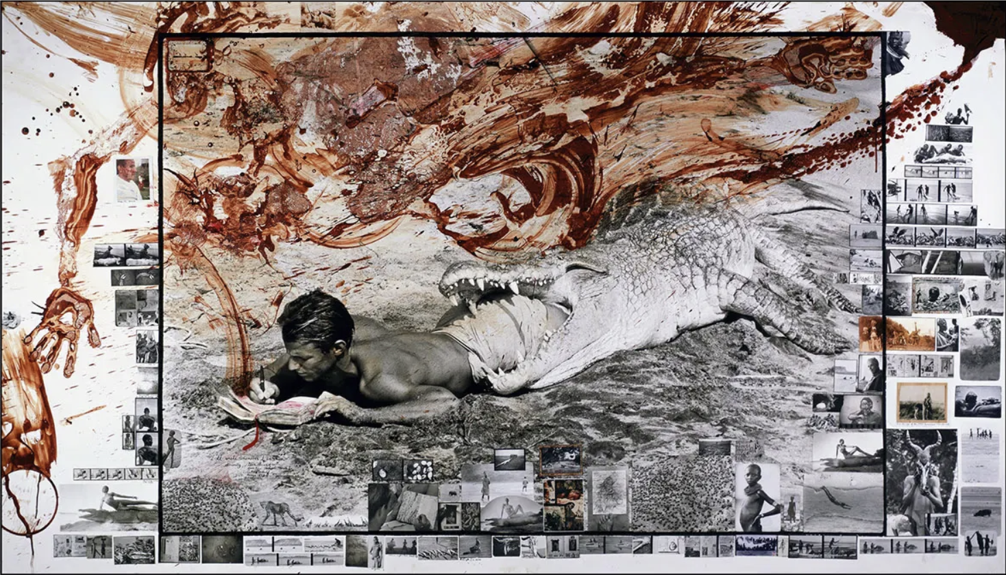 Peter Beard pretending to lay down in the mouth of an alligator