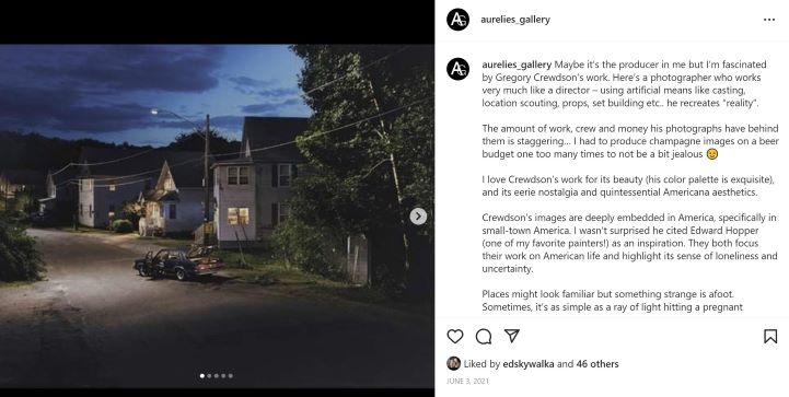 Screenshot of my Instagram post about Gregory Crewdson