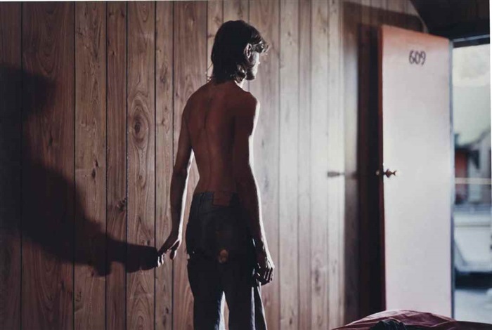 Young shirtless man, seen from the back in a wood paneled motel room