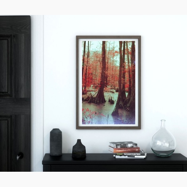 Print of a swamp, hanging above a console table in an entryway