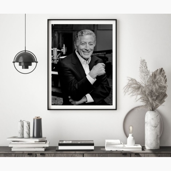 Print of Tony Bennett hanging over a table