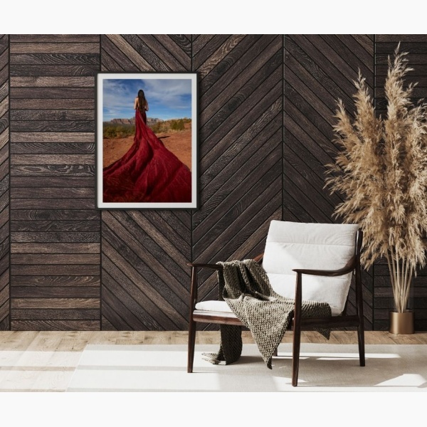 Framed print of a woman in a desert, hanging in a reading nook