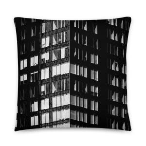 Large square pillow with a photograph of a skyscraper façade
