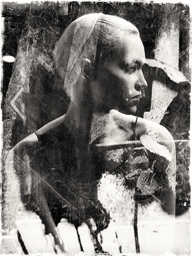 Young blong woman seen in profile, with tactile effects surperimposed on her photograph