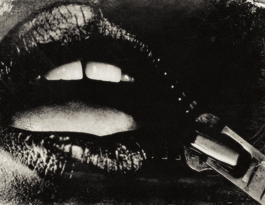 Combined image of a woman's mouth and a zipper, as if she is zipping her lips