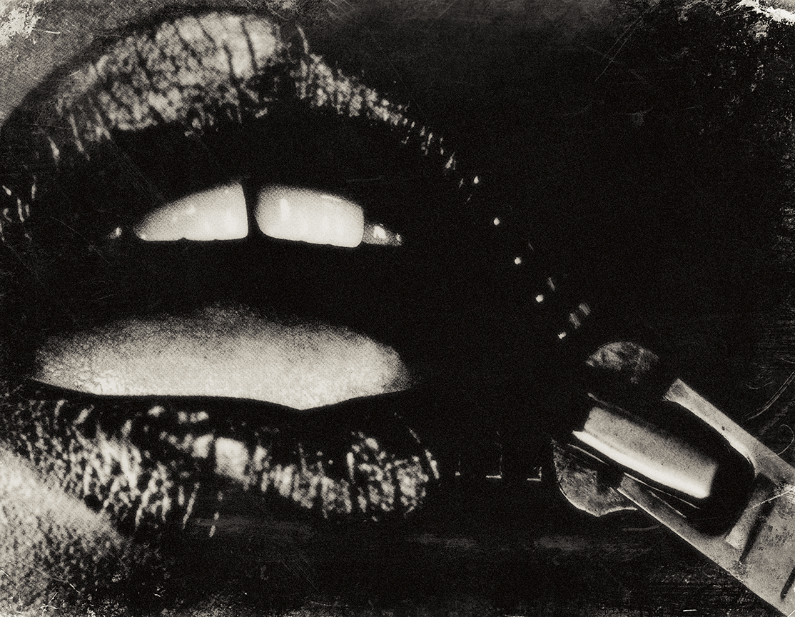 Limited Edition Print by Sinden Collier of a image of a woman's mouth combined with an image of a zipper, as if she is zipping her lips