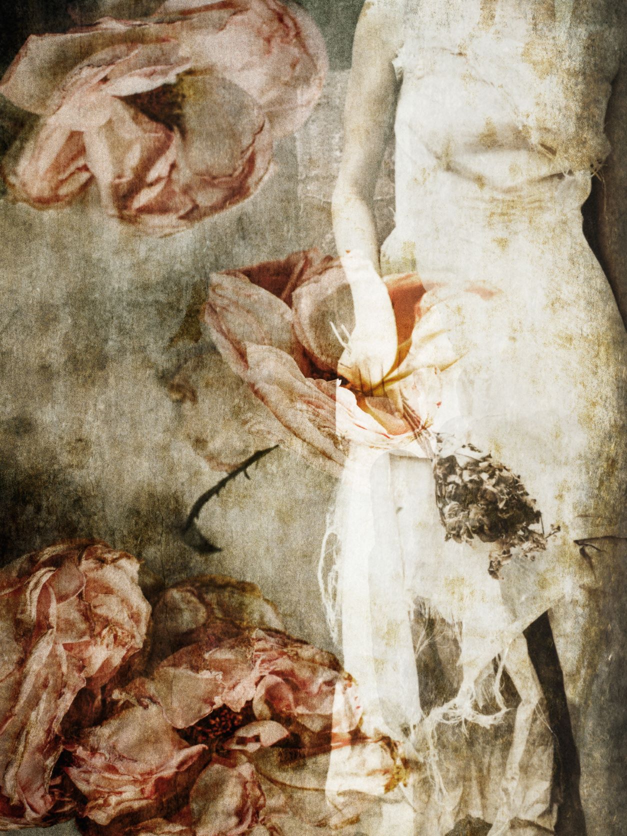 Photograph of a woman with images of flowers superimposed on top of it