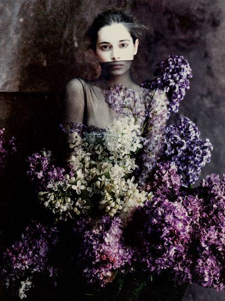 Photo-montage of a woman's portrait and lilac flowers