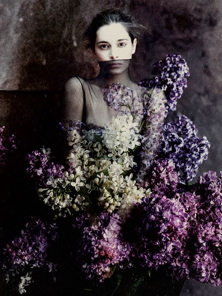 Limited Edition Print by Sinden Collier of a photo-montage of a woman's portrait and lilac flowers