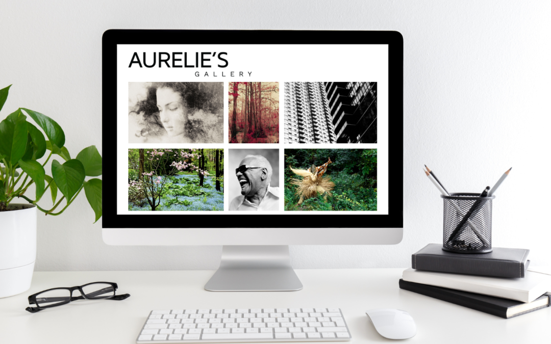 Large computer screen showing Aurelie's Gallery's website