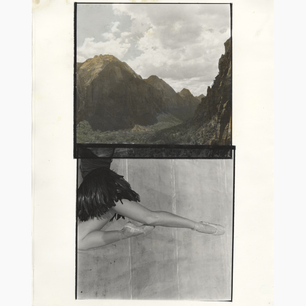 Collage print showing a hilly landscape and a leaping dancer