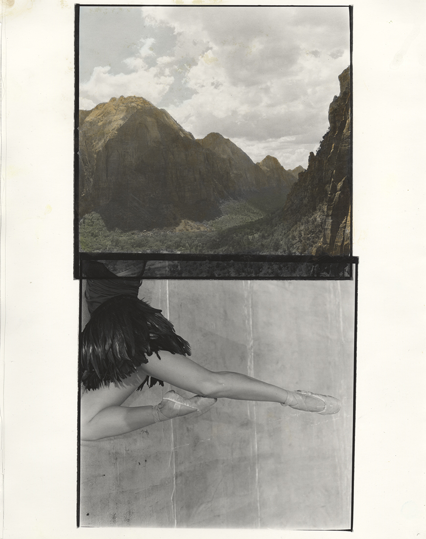 Collage fine art print showing a hilly landscape and a leaping dancer