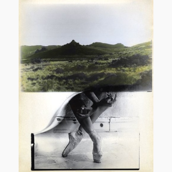 Collage print showing a hilly landscape and a dancer on pointed feet