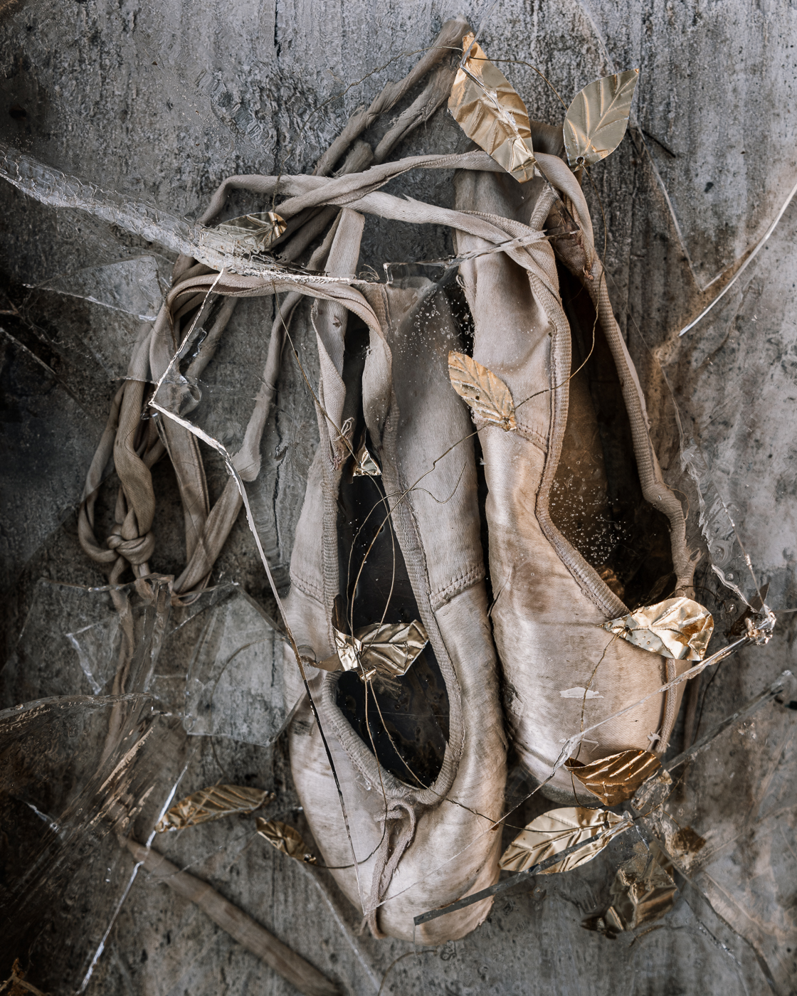 A pair of ballet pointe shoes lay on a weathered hardwood floor