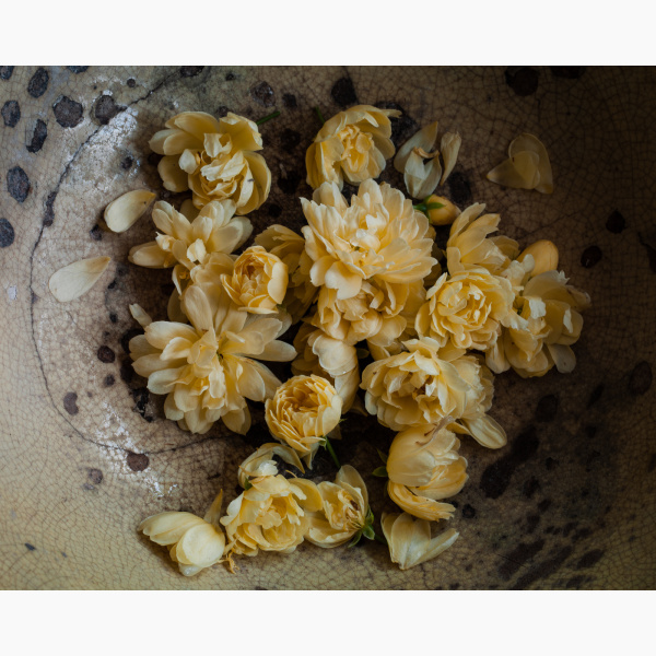 A bunch of small yellow roses in an old ceramic bowl