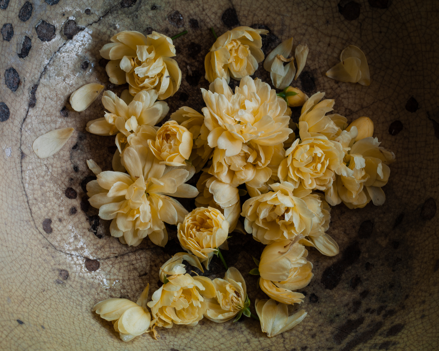 A bunch of small yellow roses in an old ceramic bowl