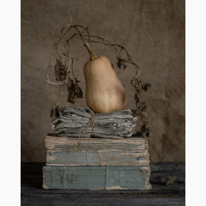 A pumpkin sits in top of folded napkins and old books on a table
