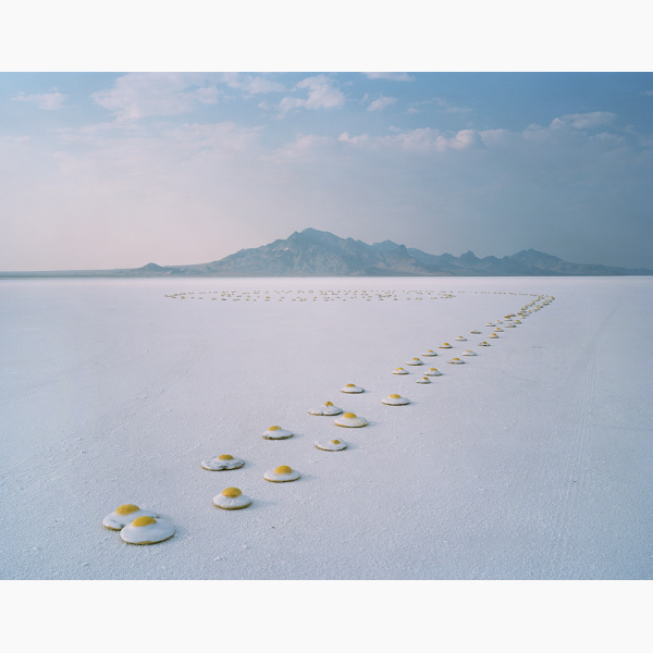 A row of gag plastic poached eggs lays on the ground of a salt flat with mountains in the distance