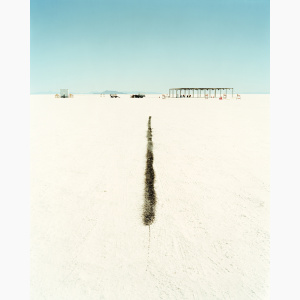 A short black line for car racing drawn on the ground of a salt flat