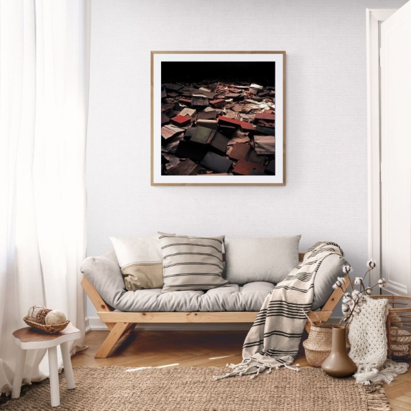 Large limited edition print of discarded books hangs in a cozy living room