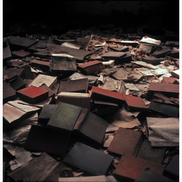 A floor in an abandoned room is covered with dozens of discarded books