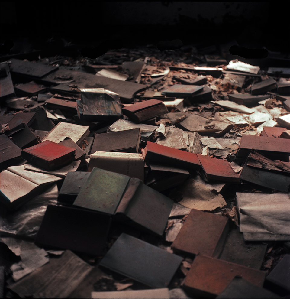 A floor in an abandoned room is covered with dozens of discarded books